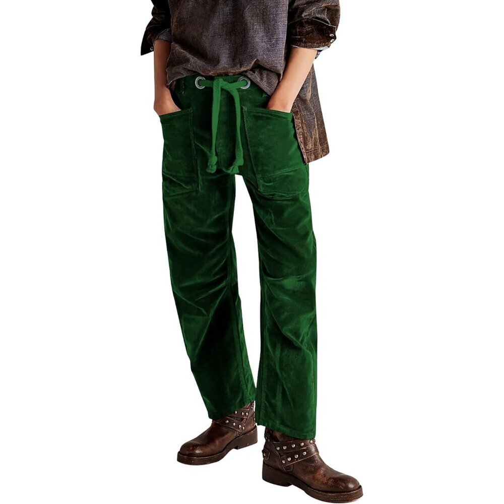Women Velvet Pants Baggy Barrel Velour Trousers High Waist Drawstring